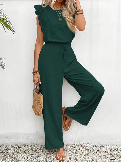 Women's Two-Piece Set – Short-Sleeve Lace Top and High-Waisted Wide-Leg Pants