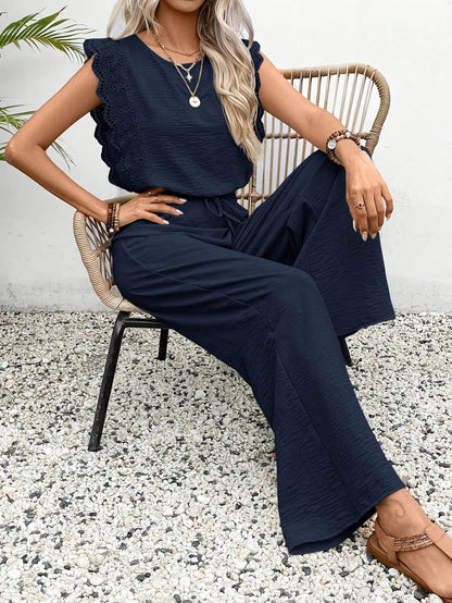 Women's Two-Piece Set – Short-Sleeve Lace Top and High-Waisted Wide-Leg Pants