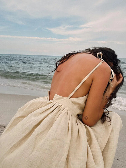 Robe d’Été Élégante en Lin Femme – Coupe Évasée Maxi Sans Manches Dos Nu