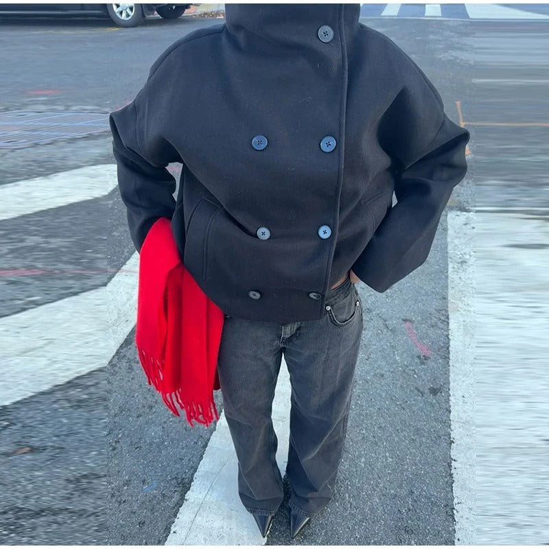 Manteau élégant femmes mélange de laine avec boutons – Vêtement d'hiver à col montant