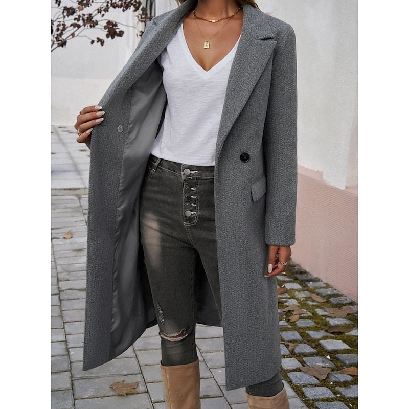 Manteau long femme à col revers – Chaud et élégant