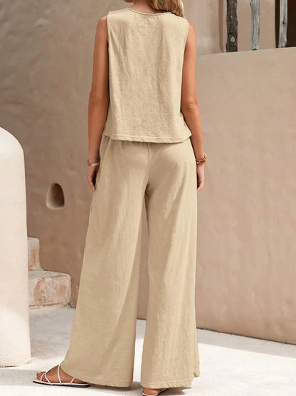 Ensemble Femme Décontracté à Deux Pièces – Haut Sans Manches et Pantalon Droit Tenue d’Été