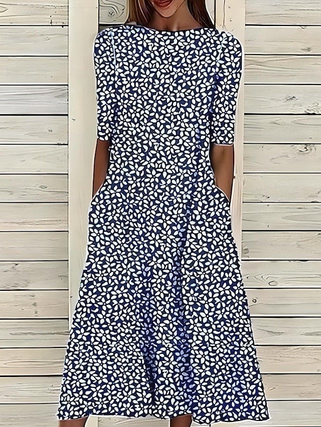 Robe midi d'été à col rond et imprimé floral côtier