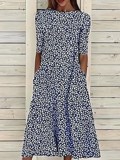Robe midi d'été à col rond et imprimé floral côtier